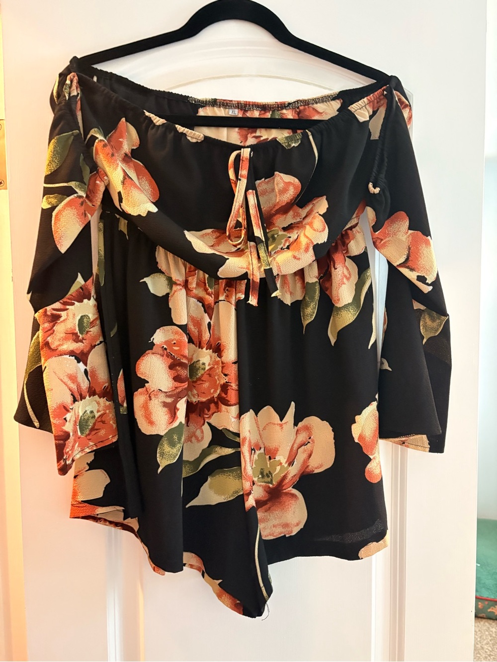 Black Floral Off-Shoulder Women’s romper- Peach Floral Print
